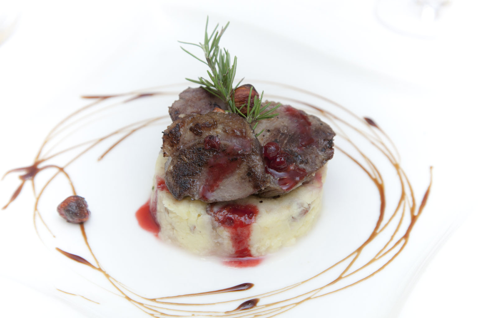 pato con pure de avellanas y salsa de arandanos